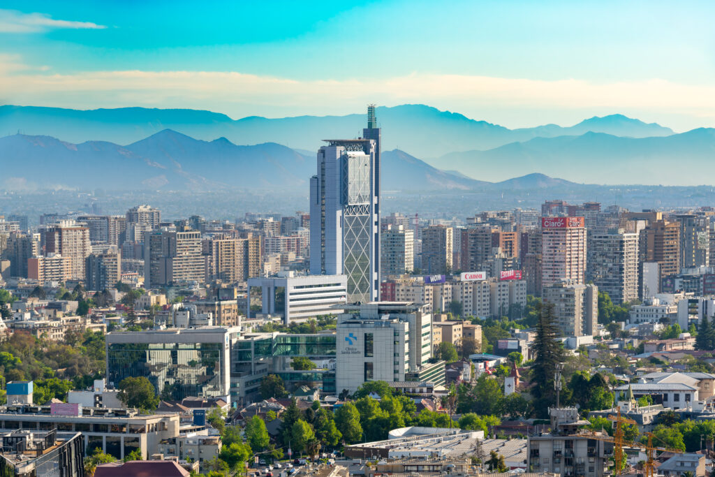 Santiago, Region Metropolitana, Chile - January 21, 2025: Elevated view of downtown and Providencia district at Santiago de Chile.