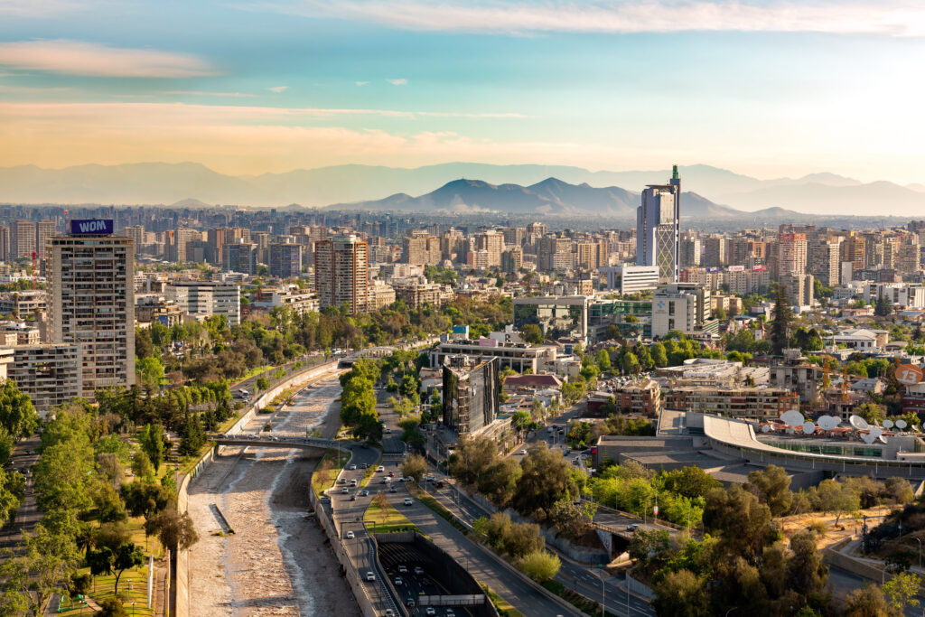 Elevated view of downtown and Providencia district at Santiago de Chile. Santiago, Region Metropolitana, Chila - November 28, 2024: Elevated view of downtown and Providencia district at Santiago de Chile.