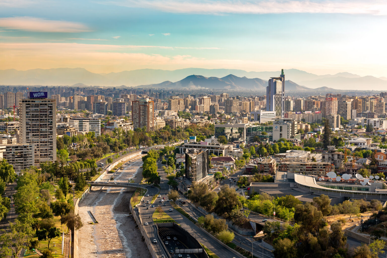 Elevated view of downtown and Providencia district at Santiago de Chile. Santiago, Region Metropolitana, Chila - November 28, 2024: Elevated view of downtown and Providencia district at Santiago de Chile.